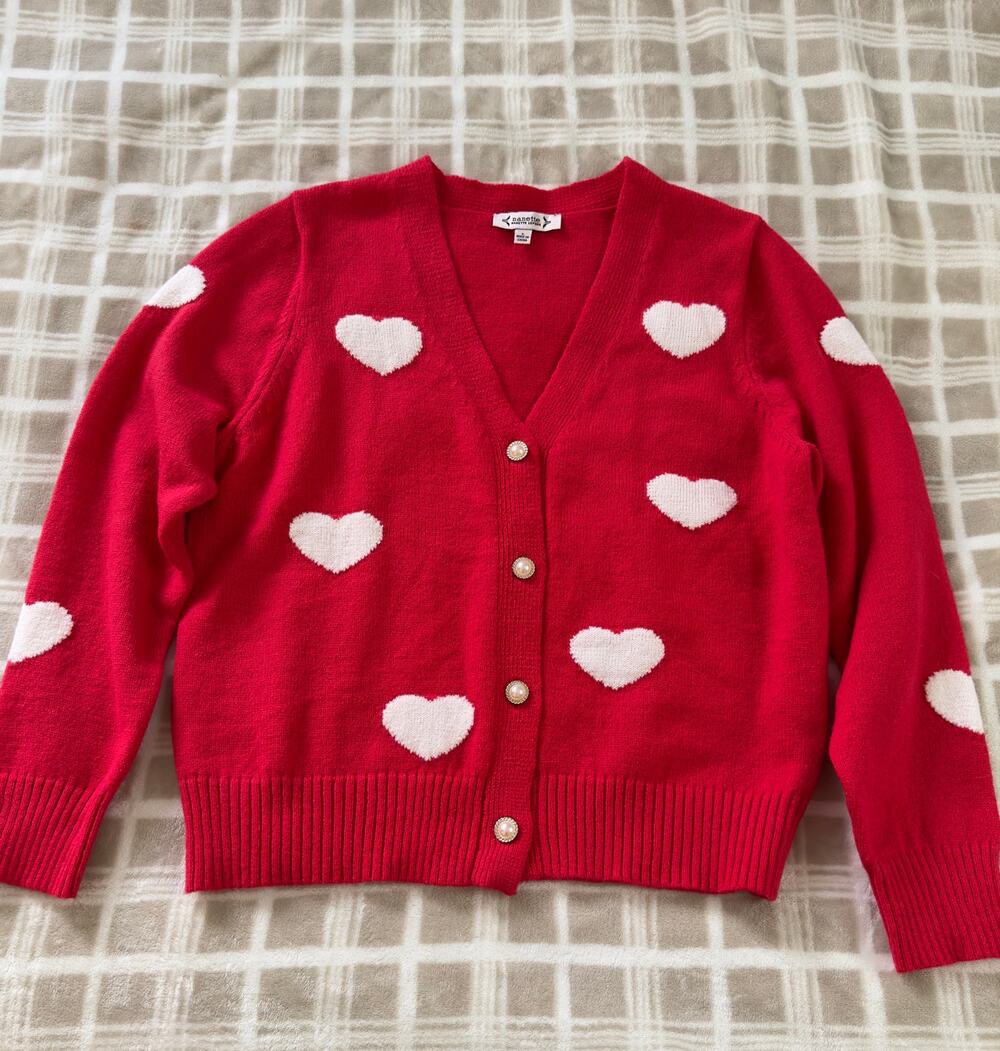 Nanette Lepore Heart Cardigan Sweater Red White Pearl Button Lovecore Knit Sz L